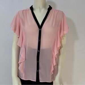 Y2K Vintage Amy Wear Sheer Ruffle Button Down in Pink/Black